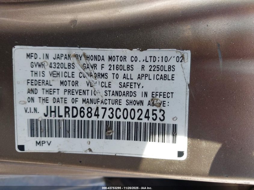 2003 Honda Cr-V Lx VIN: JHLRD68473C002453 Lot: 43753295