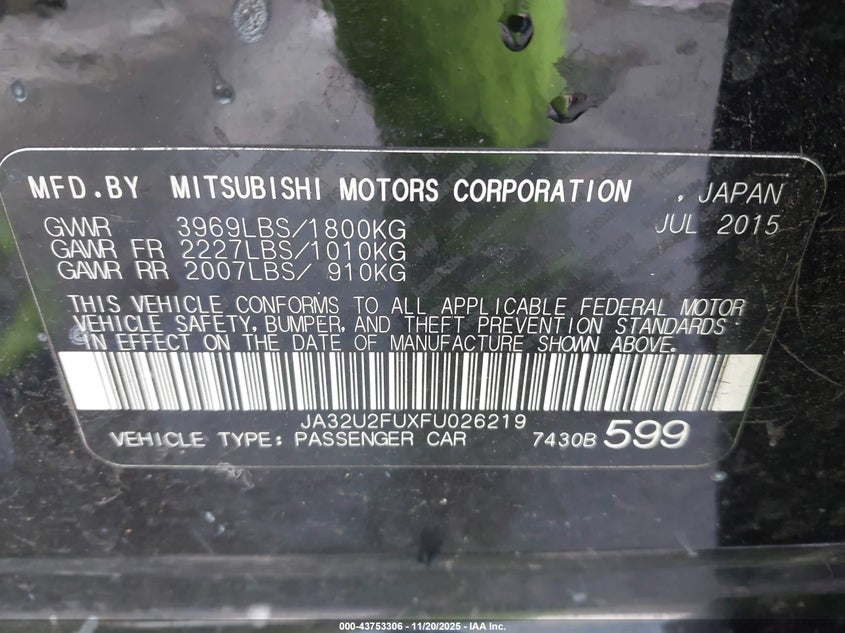 2015 Mitsubishi Lancer Es VIN: JA32U2FUXFU026219 Lot: 43753306