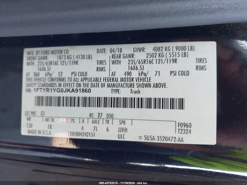 2018 Ford Transit-250 VIN: 1FTYR1YG0JKA91860 Lot: 43753315