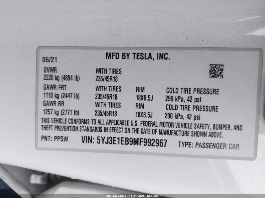 2021 Tesla Model 3 Long Range Dual Motor All-Wheel Drive VIN: 5YJ3E1EB9MF992967 Lot: 43753316