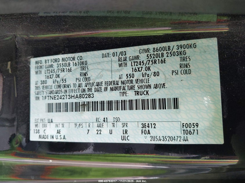 2003 Ford E-250 Commercial VIN: 1FTNE24213HA80283 Lot: 43753317