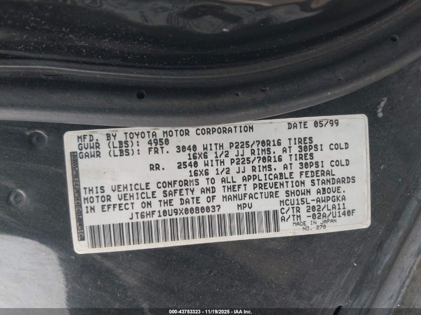 1999 Lexus Rx 300 VIN: JT6HF10U9X0080037 Lot: 43753323