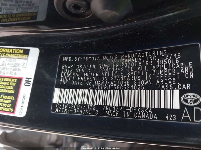 2016 Toyota Corolla S Plus VIN: 2T1BURHE5GC621025 Lot: 43753332