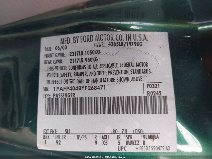 2000 Ford Mustang VIN: 1FAFP4048YF268471 Lot: 43753333