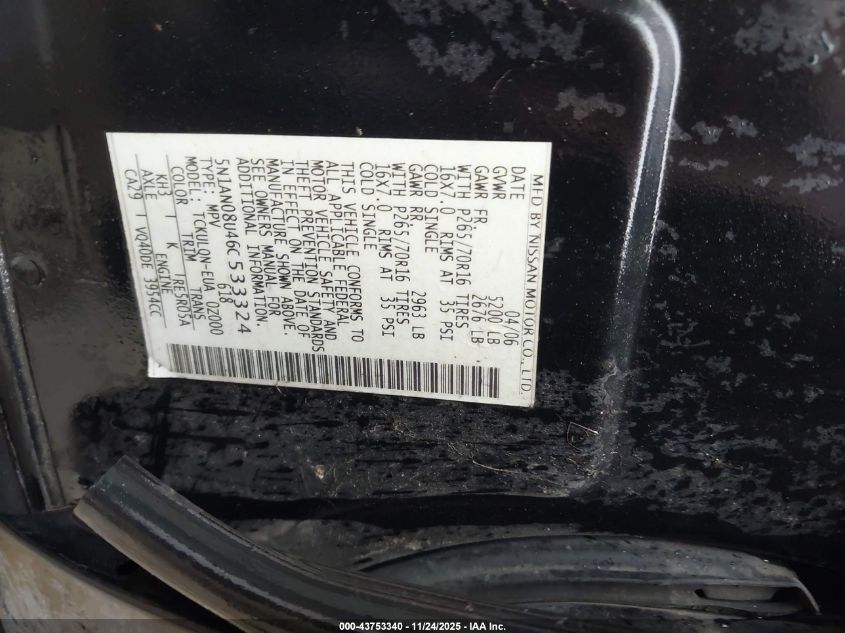 2006 Nissan Xterra X VIN: 5N1AN08U46C533324 Lot: 43753340