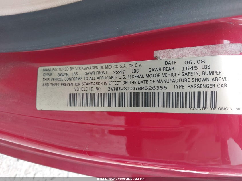 2008 Volkswagen New Beetle S/Se VIN: 3VWRW31C58M526355 Lot: 43753345