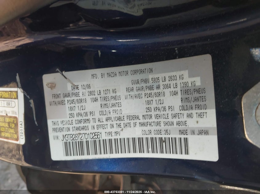 2007 Mazda Cx-9 Touring VIN: JM3TB28Y270102561 Lot: 43753351