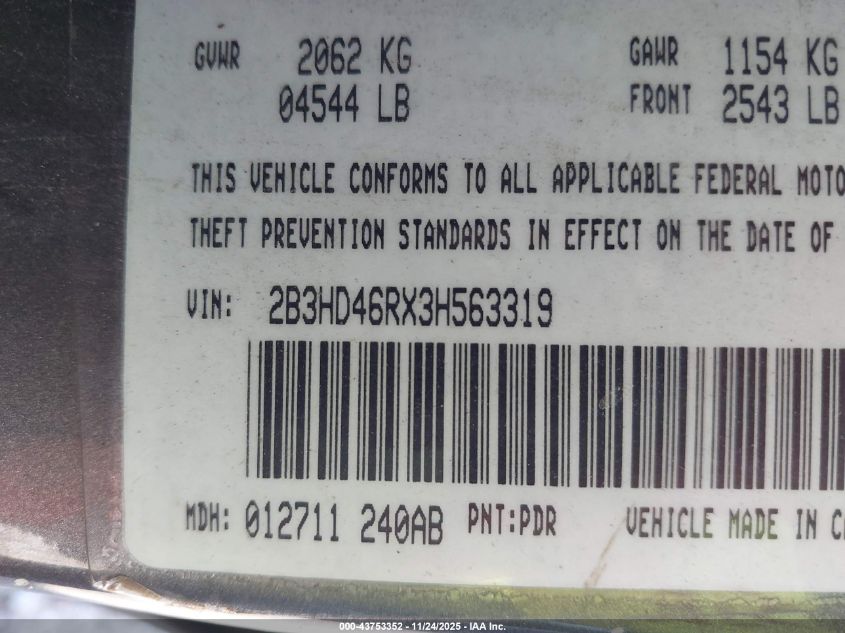 2003 Dodge Intrepid Se VIN: 2B3HD46RX3H563319 Lot: 43753352