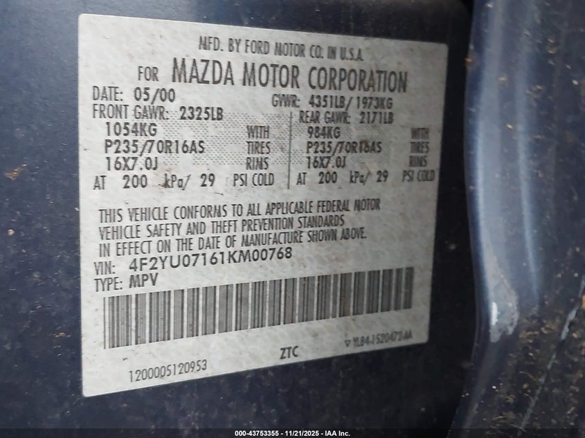 2001 Mazda Tribute Dx V6 VIN: 4F2YU07161KM00768 Lot: 43753355
