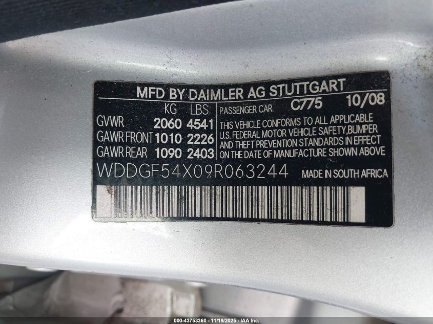2009 Mercedes-Benz C 300 Luxury/Sport VIN: WDDGF54X09R063244 Lot: 43753360