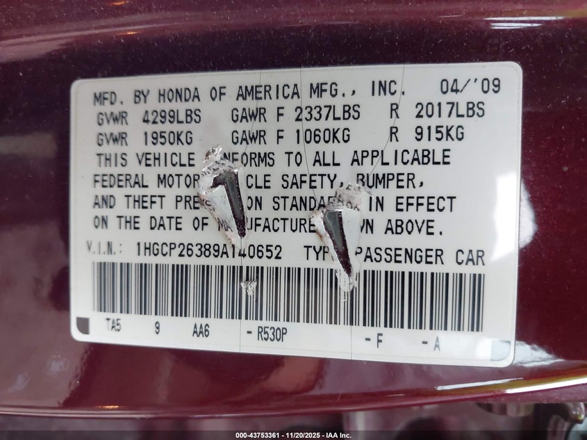 1HGCP26389A140652 2009 HONDA ACCORD photo no. 9