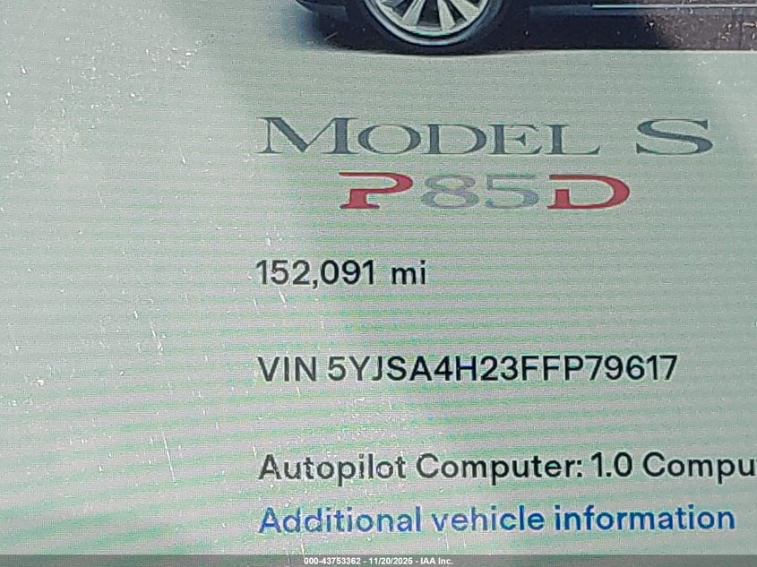2015 Tesla Model S 70D/85D/P85D VIN: 5YJSA4H23FFP79617 Lot: 43753362