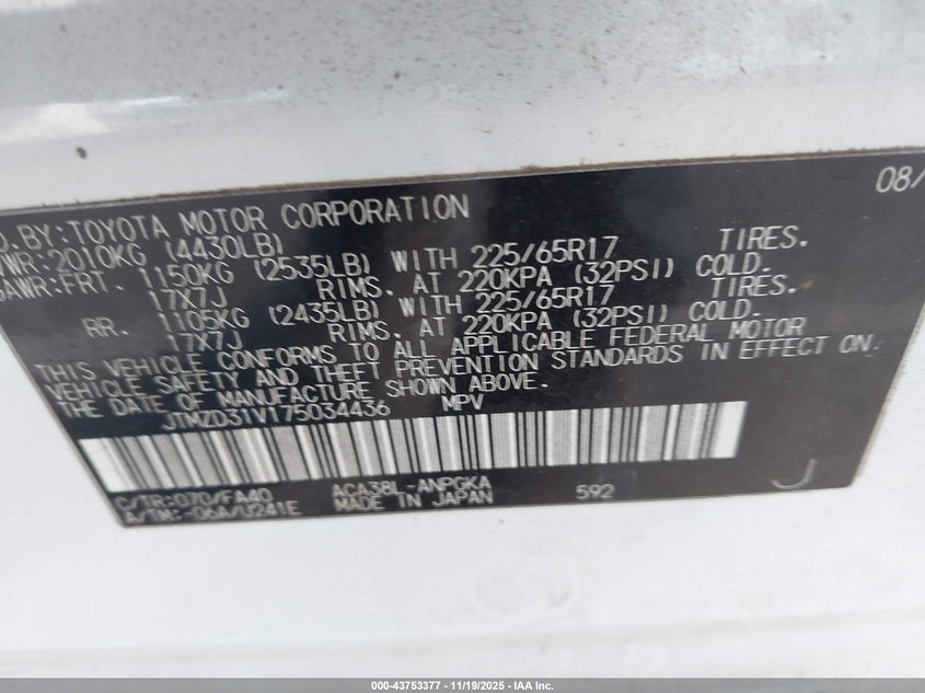 2007 Toyota Rav4 Limited VIN: JTMZD31V175034436 Lot: 43753377