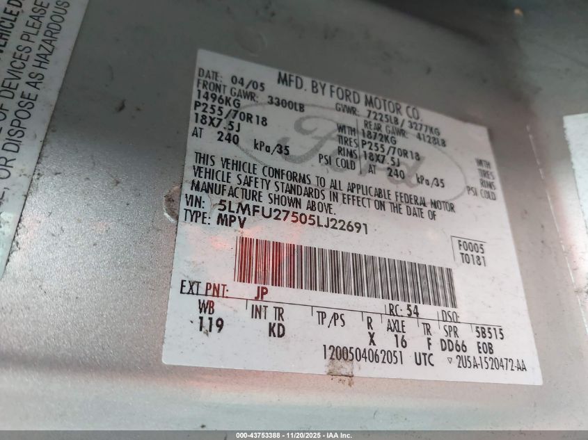 2005 Lincoln Navigator VIN: 5LMFU27505LJ22691 Lot: 43753388