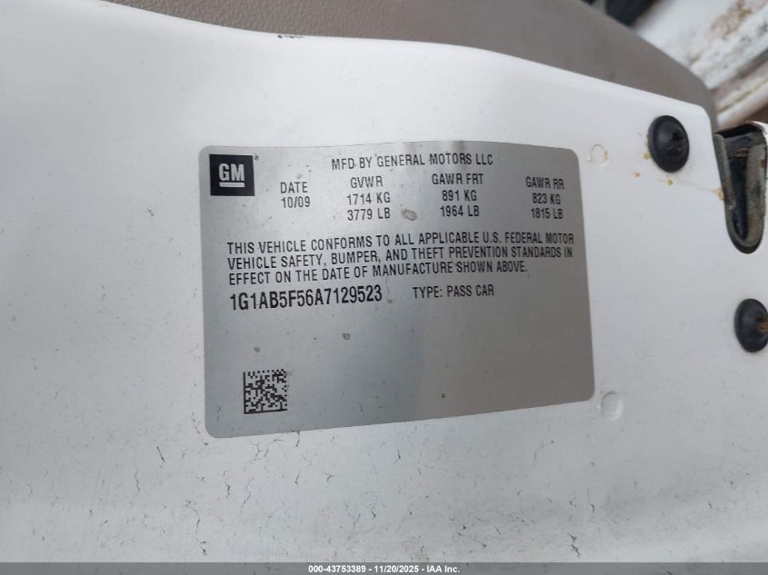 2010 Chevrolet Cobalt Ls VIN: 1G1AB5F56A7129523 Lot: 43753389