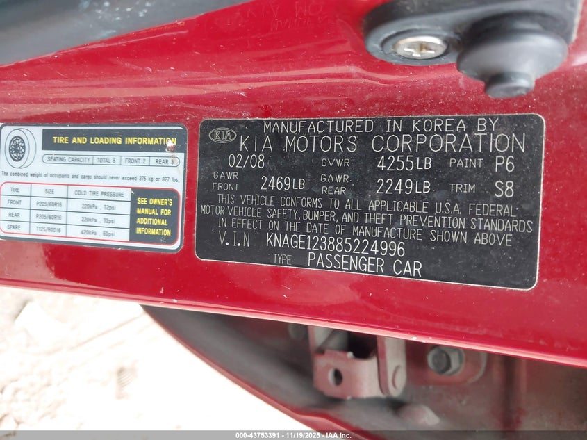 2008 Kia Optima Lx VIN: KNAGE123885224996 Lot: 43753391