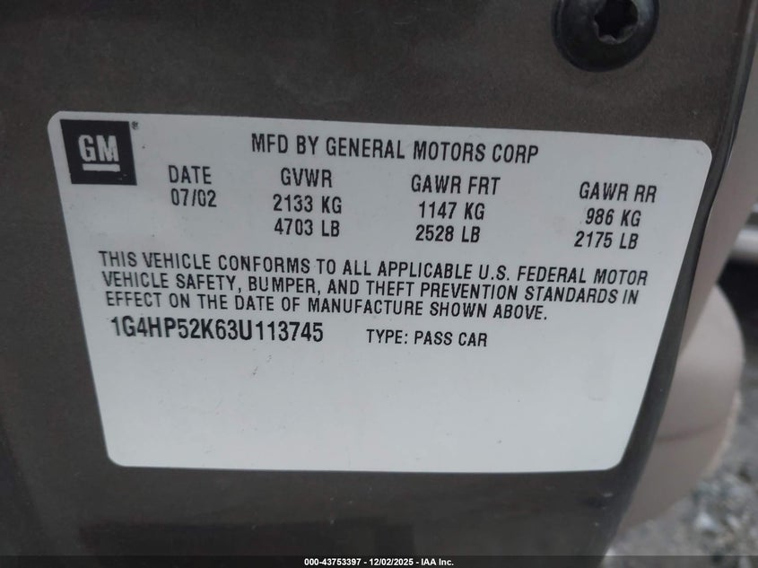 2003 Buick Lesabre Custom VIN: 1G4HP52K63U113745 Lot: 43753397