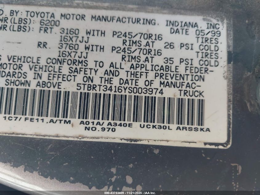 2000 Toyota Tundra Sr5 V8 VIN: 5TBRT3416YS003974 Lot: 43753409