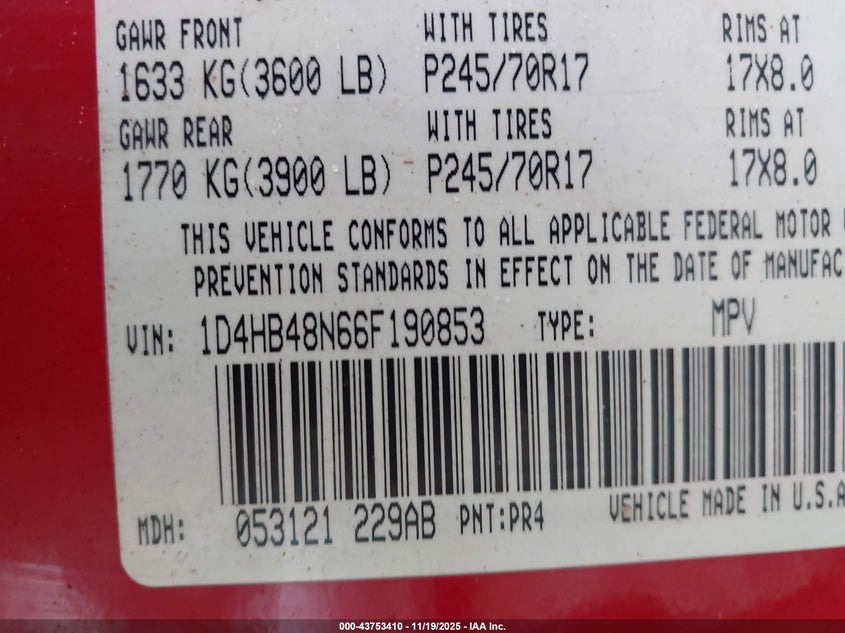 2006 Dodge Durango Slt VIN: 1D4HB48N66F190853 Lot: 43753410