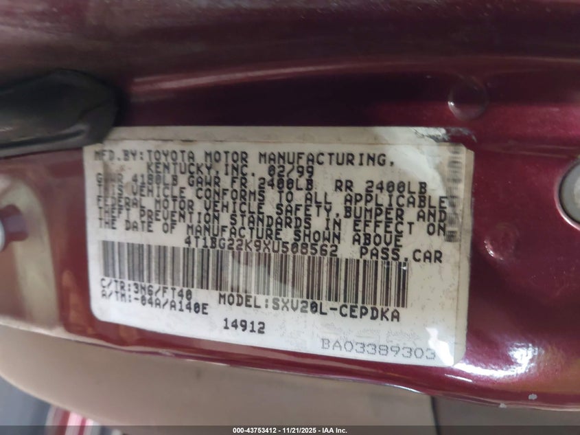 1999 Toyota Camry Ce VIN: 4T1BG22K9XU508562 Lot: 43753412