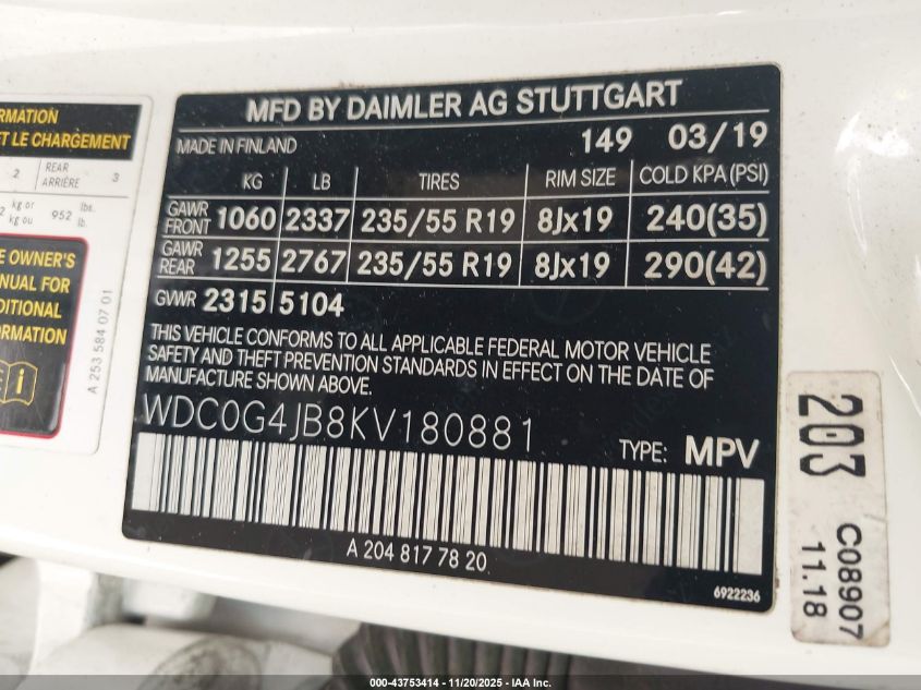 2019 Mercedes-Benz Glc 300 VIN: WDC0G4JB8KV180881 Lot: 43753414