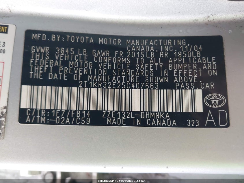 2005 Toyota Matrix Xr VIN: 2T1KR32E25C407663 Lot: 43753415