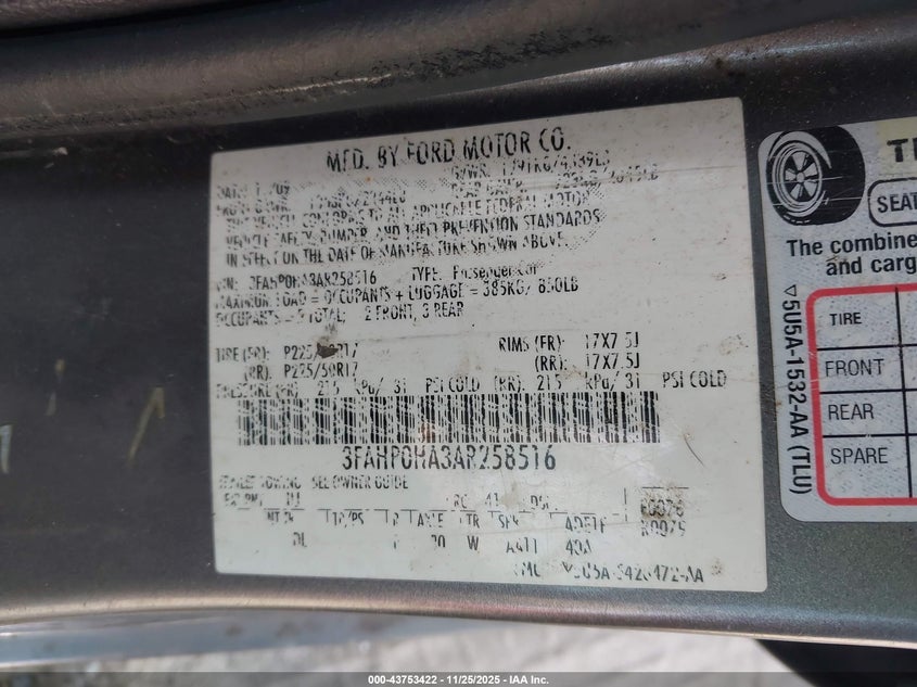 2010 Ford Fusion Se VIN: 3FAHP0HA3AR258516 Lot: 43753422