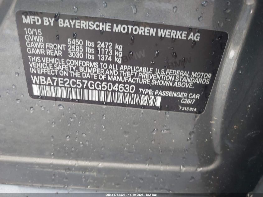 2016 BMW 740I VIN: WBA7E2C57GG504630 Lot: 43753426