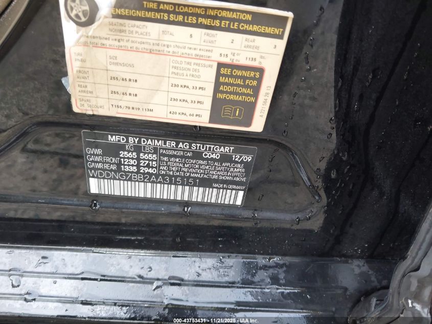 2010 Mercedes-Benz S 550 VIN: WDDNG7BB2AA315151 Lot: 43753431