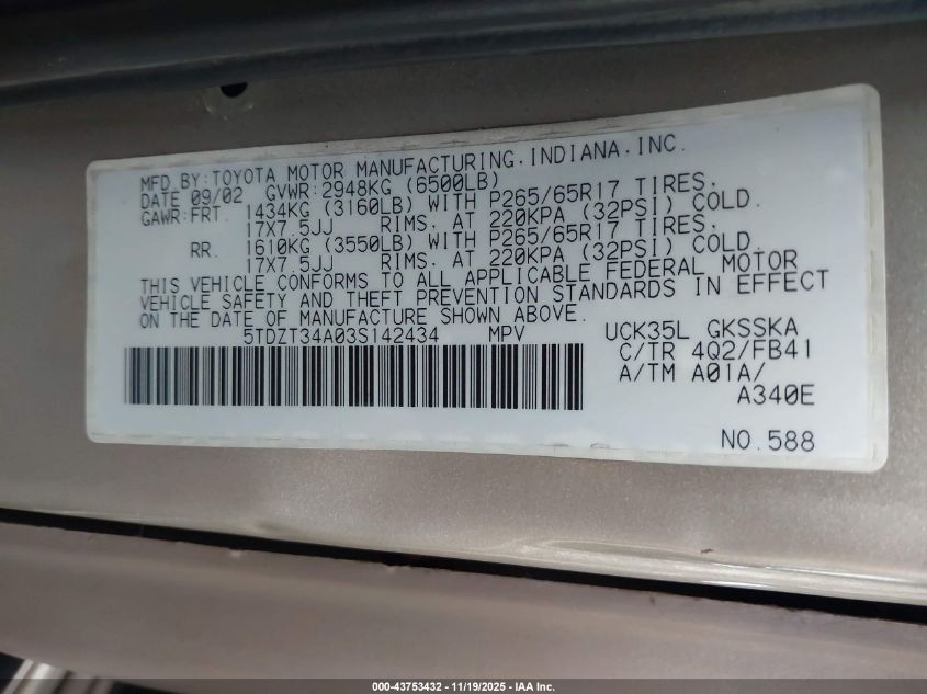 2003 Toyota Sequoia Sr5 V8 VIN: 5TDZT34A03S142434 Lot: 43753432