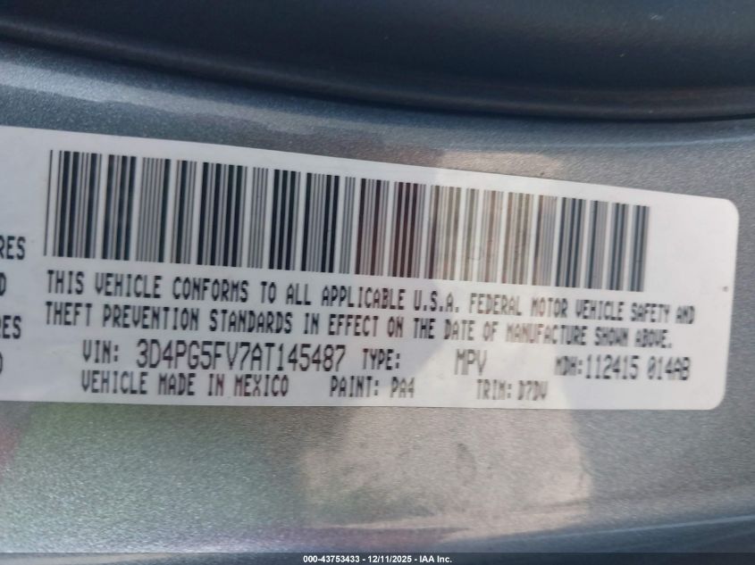 2010 Dodge Journey Sxt VIN: 3D4PG5FV7AT145487 Lot: 43753433