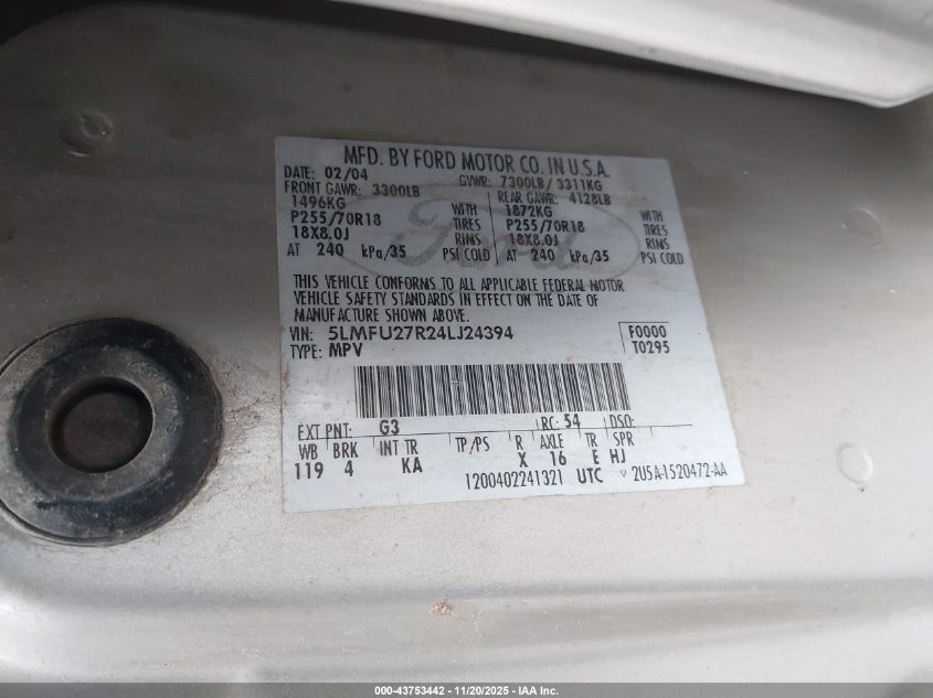 2004 Lincoln Navigator VIN: 5LMFU27R24LJ24394 Lot: 43753442