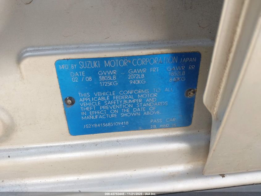 2008 Suzuki Sx4 Convenience/Touring VIN: JS2YB413685109418 Lot: 43753445