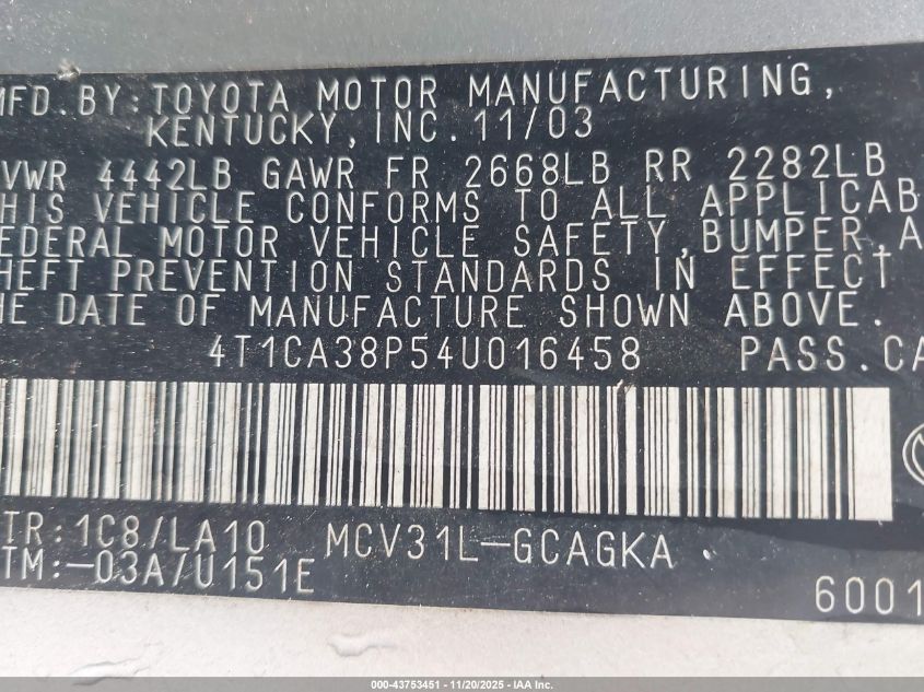 2004 Toyota Camry Solara Sle V6 VIN: 4T1CA38P54U016458 Lot: 43753451