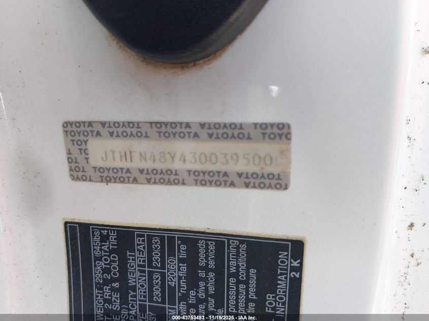 2003 Lexus Sc 430 VIN: JTHFN48Y430039500 Lot: 43753453