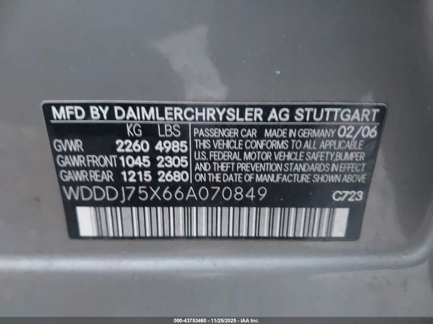 2006 Mercedes-Benz Cls 500 VIN: WDDDJ75X66A070849 Lot: 43753460