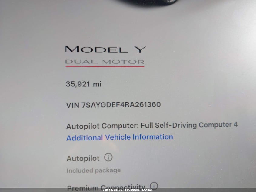 2024 Tesla Model Y Performance Dual Motor All-Wheel Drive VIN: 7SAYGDEF4RA261360 Lot: 43753466