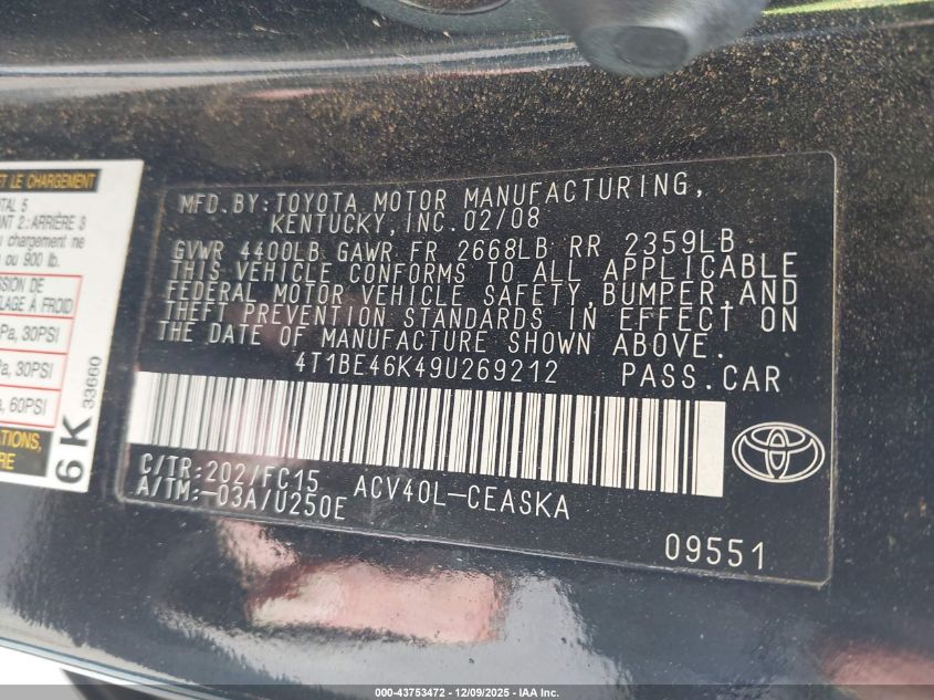 2009 Toyota Camry Se VIN: 4T1BE46K49U269212 Lot: 43753472