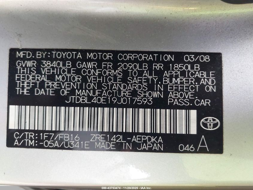 2009 Toyota Corolla Le VIN: JTDBL40E19J017593 Lot: 43753474