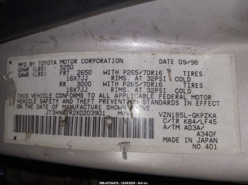 1999 Toyota 4Runner Limited V6 VIN: JT3HN87R2X0203901 Lot: 43753478