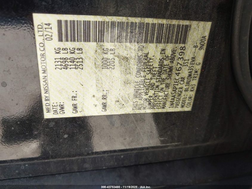 2014 Nissan Maxima 3.5 S/3.5 Sv VIN: 1N4AA5AP1EC467398 Lot: 43753480