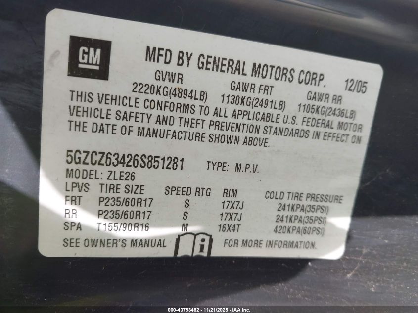 2006 Saturn Vue V6 VIN: 5GZCZ63426S851281 Lot: 43753482