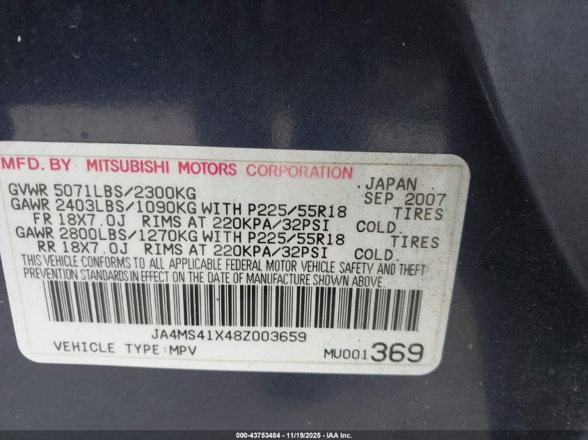 2008 Mitsubishi Outlander Xls VIN: JA4MS41X48Z003659 Lot: 43753484