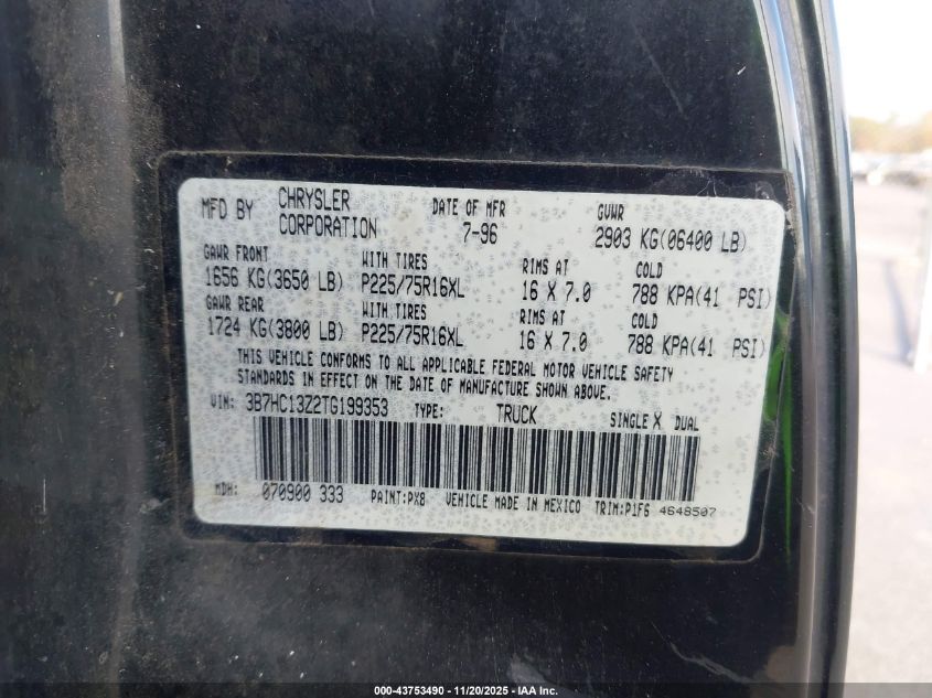 1996 Dodge Ram 1500 VIN: 3B7HC13Z2TG199353 Lot: 43753490