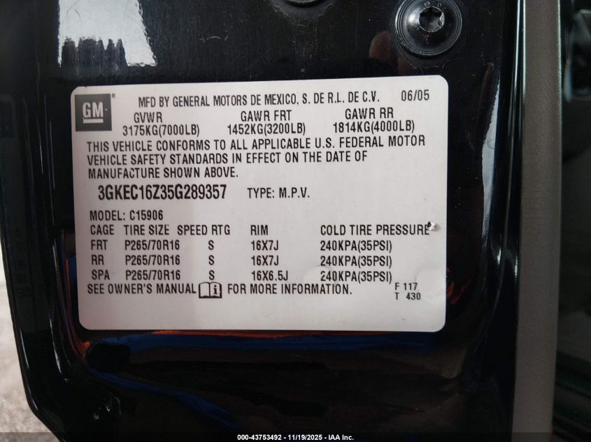 2005 GMC Yukon Xl 1500 Slt VIN: 3GKEC16Z35G289357 Lot: 43753492
