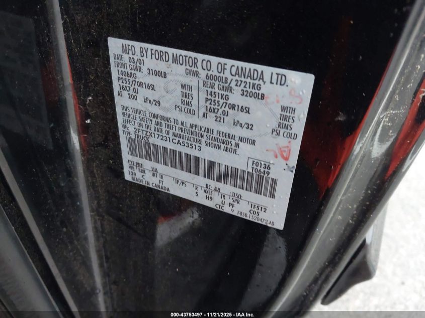 2001 Ford F-150 Xl/Xlt VIN: 2FTZX17231CA53513 Lot: 43753497