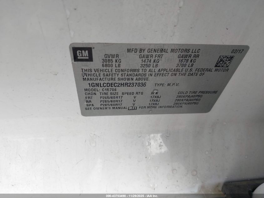 2017 Chevrolet Tahoe Commercial Fleet VIN: 1GNLCDEC2HR237036 Lot: 43753498