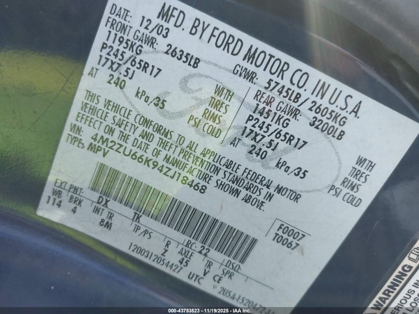 2004 Mercury Mountaineer VIN: 4M2ZU66K94ZJ18468 Lot: 43753523