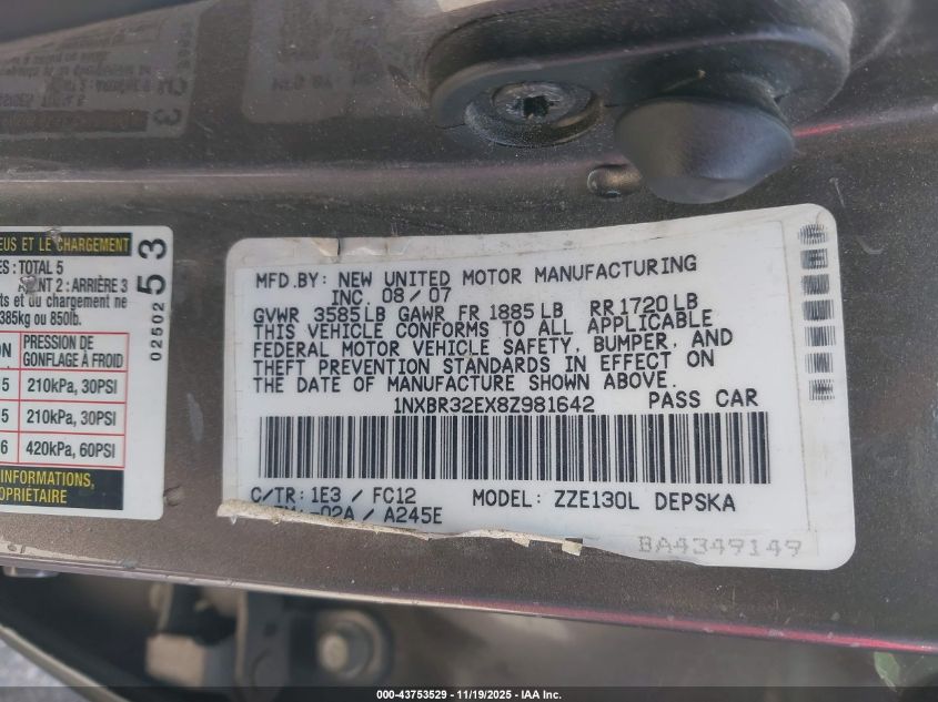 2008 Toyota Corolla S VIN: 1NXBR32EX8Z981642 Lot: 43753529