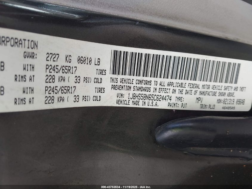 2005 Jeep Grand Cherokee Limited VIN: 1J8HS58N65C624474 Lot: 43753534